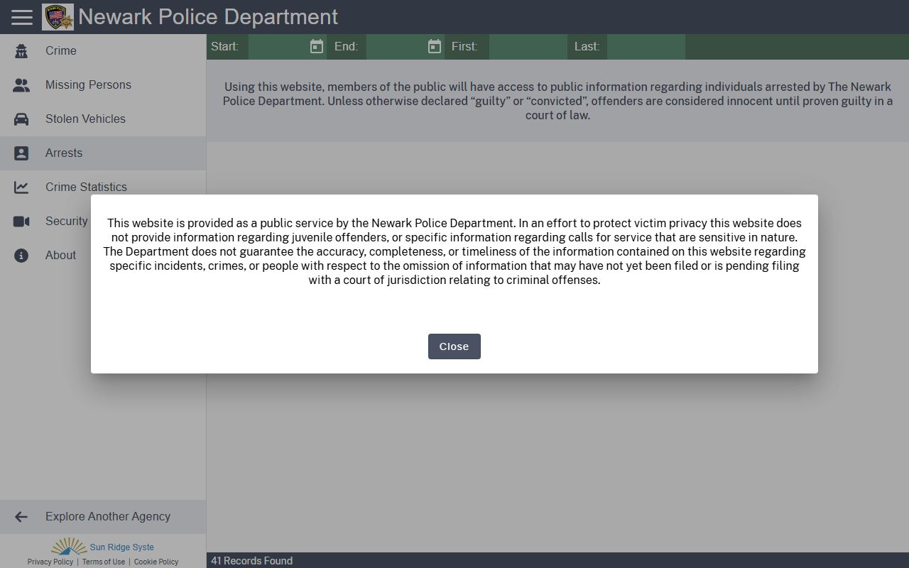 Newark Police Department Citizen RIMS arrests portal for Newark arrest records