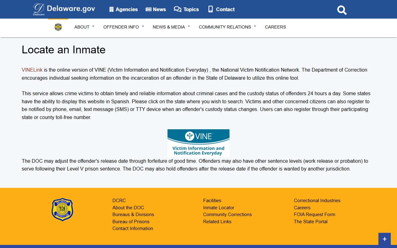 Delaware Department of Correction inmate locator and VINELink for arrest records