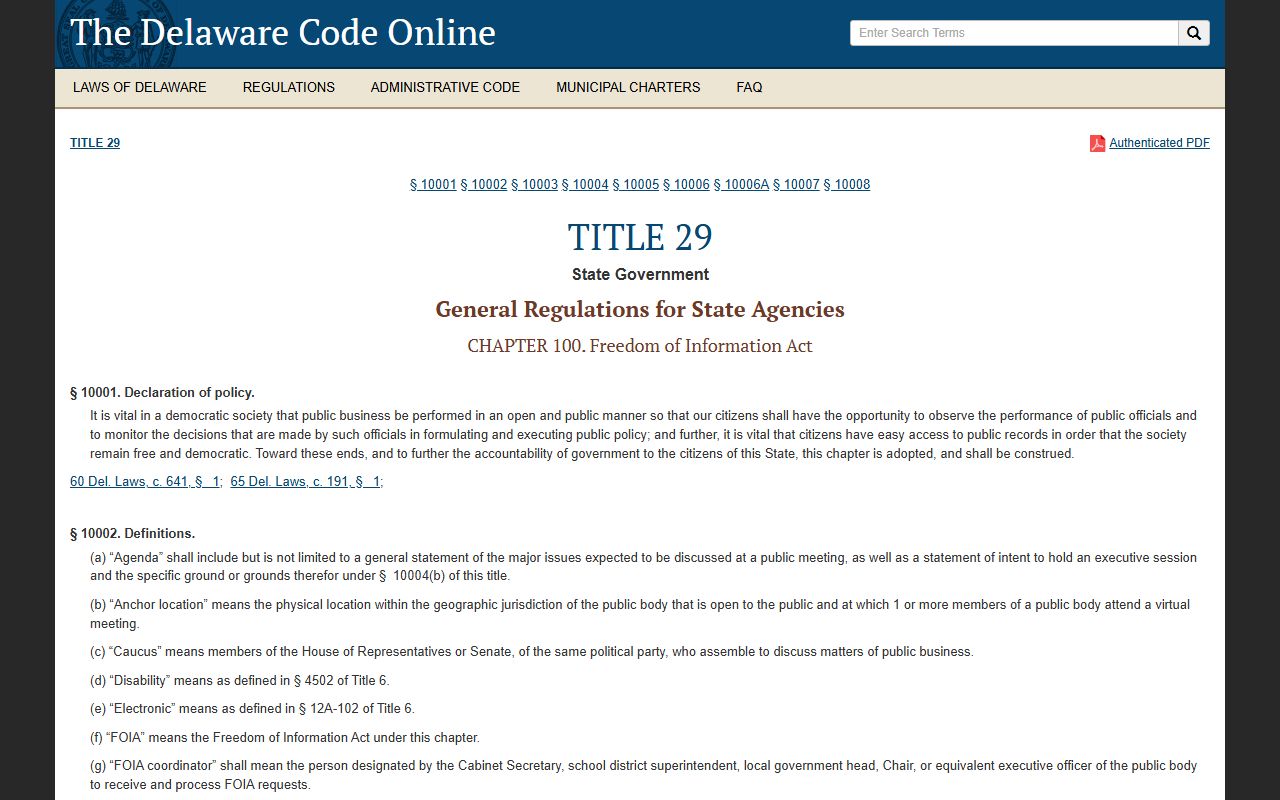 Delaware Freedom of Information Act Title 29 Chapter 100 arrest records