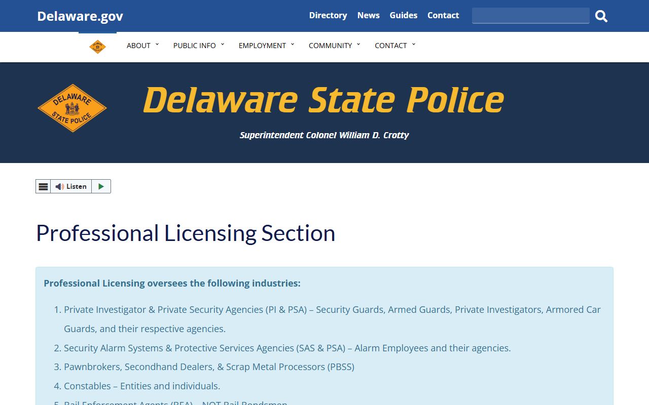 Delaware State Police Professional Licensing arrest records background check