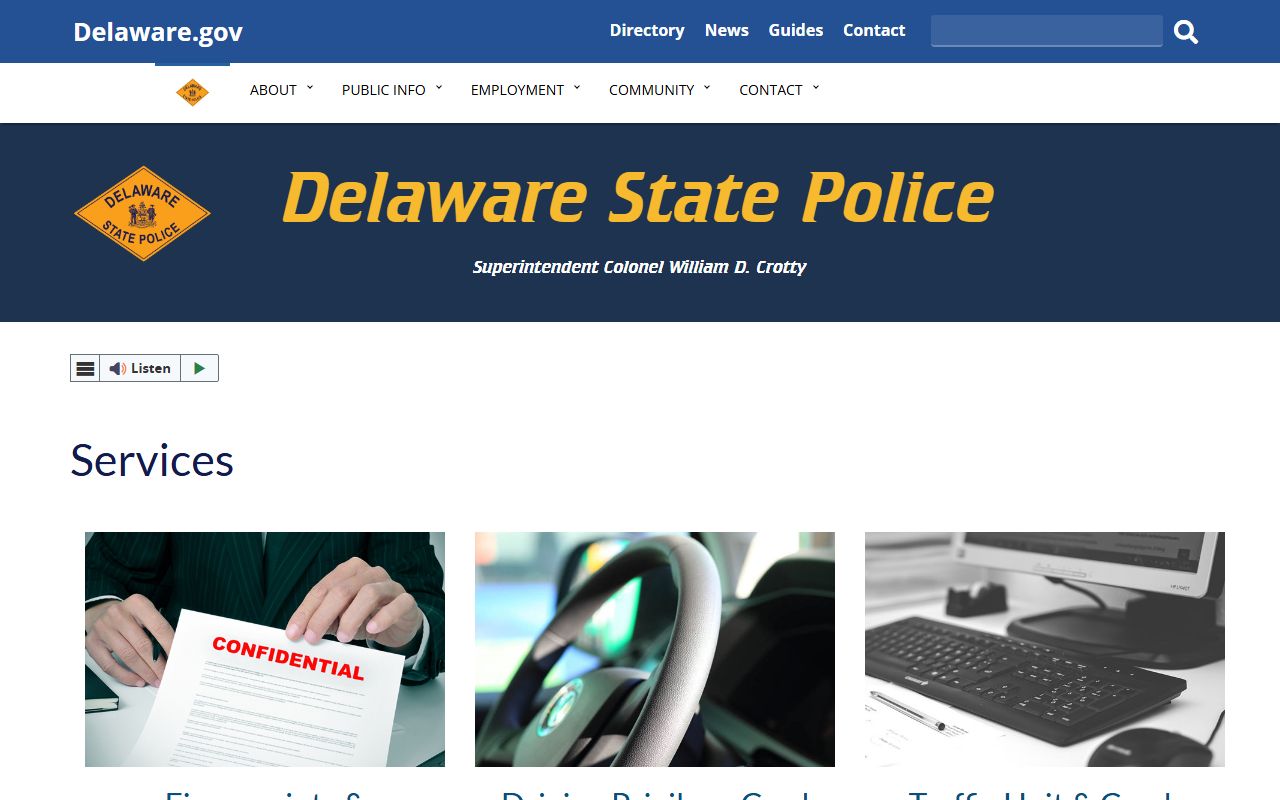 Delaware State Police services page for arrest records and background checks