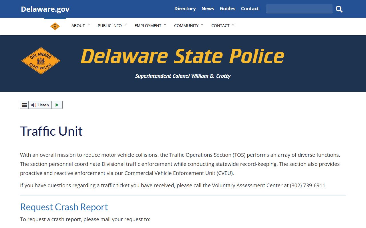 Delaware State Police Traffic Unit crash reports arrest records